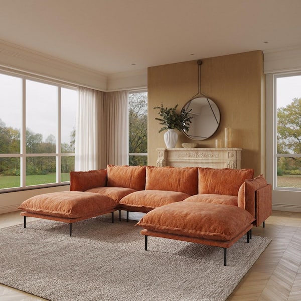Spacious 111.02 in. Square Arm 5-Piece Cloud Velvet Modular Down Feather Sectional Sofa with Ottoman in Orange