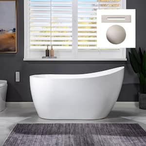 Chartres 54 in. Acrylic FlatBottom Single Slipper Bathtub with Brushed Nickel Overflow and Drain Included in White