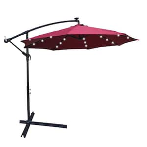 10 ft. Steel Round Outdoor Patio Cantilever Umbrella with LED Lights and Metal Base in Red