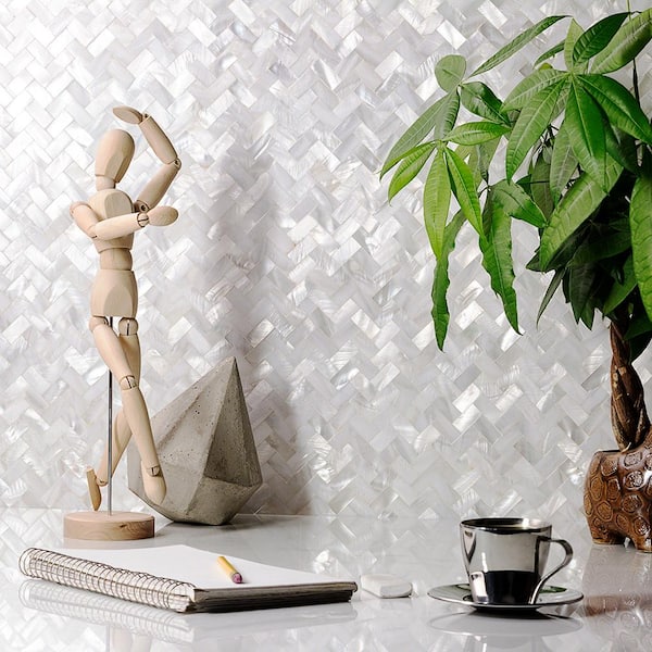 Lokahi White Herringbone 11.69 in. x 12.51 in. x 2 mm Pearl Shell Mosaic Tile