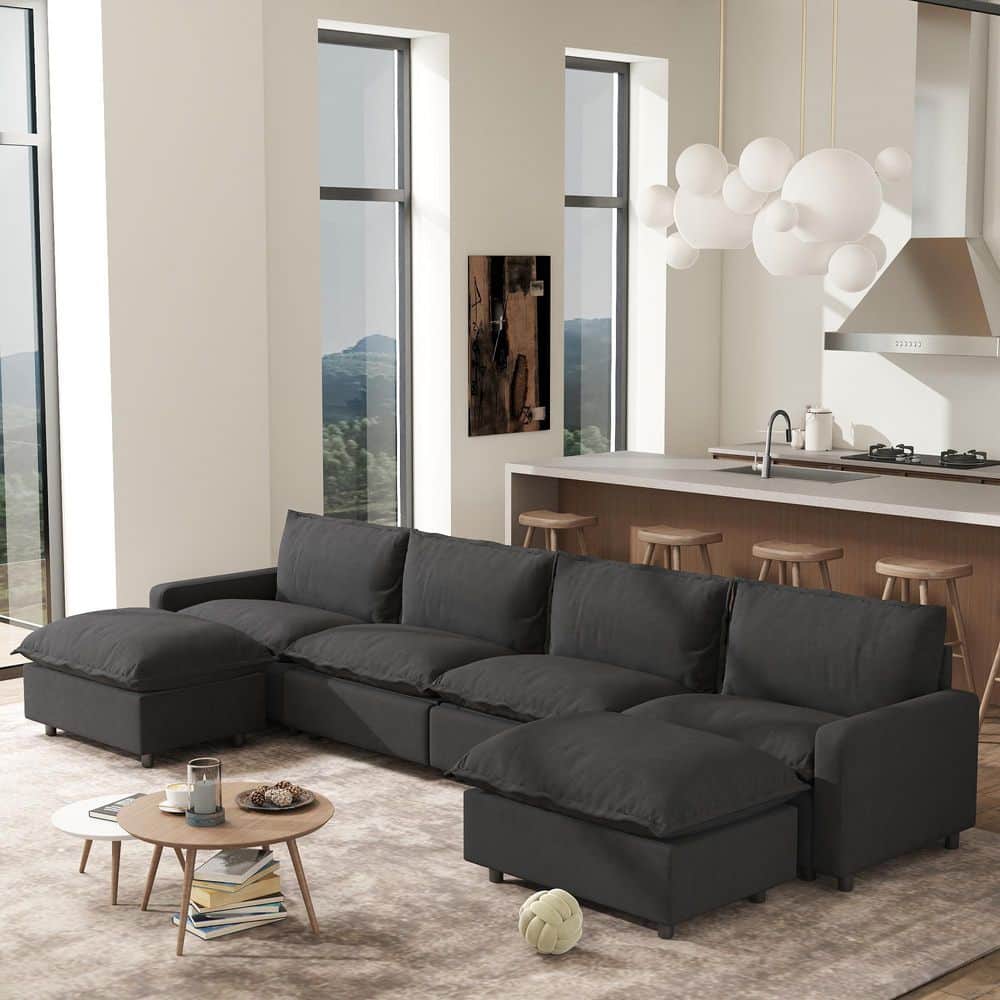 148.8 in. Square Arm 6-Piece Linen Modular Free Combination sofa Sectional Sofa with Ottoman in Gray