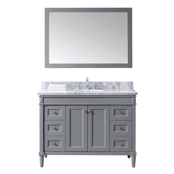 Virtu USA Tiffany 49 in. W Bath Vanity in Gray with Marble Vanity Top in White with Round Basin and Mirror