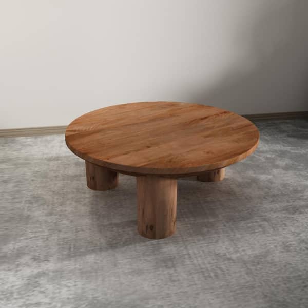 38 in. Natural Brown Round Mango Wood Coffee Table with 3 Column Pillar Legs