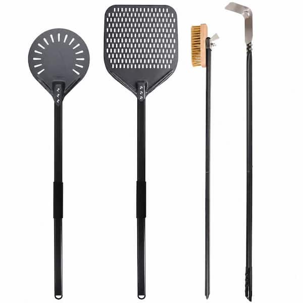 4-Piece Pizza Peel Kit with 9 Inch Perforated Turning Peel, 40 Inch Aluminum Handle, Brush and Ash Rake