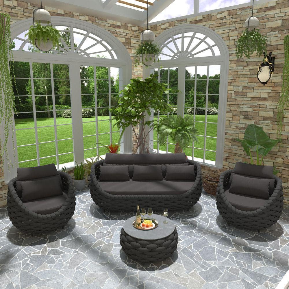 Black Aluminum 4 Piece Woven Rope Outdoor Sectional Set Three-seater Sofa with Dark Gray Cushions