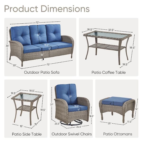 Flatarmrest 7-Piece Gray Wicker Patio Conversation Set with Olefin Blue Cushions Sofa/Patio Swivel Glider Chairs