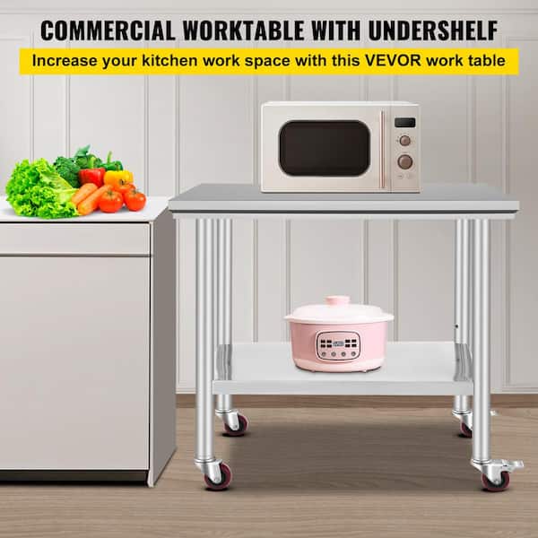 35 x 24 x 33 in. Stainless Steel, 700LBS. Capacity, 4 Wheels, 3-Level Height Adjustable Kitchen Prep Table, Silver