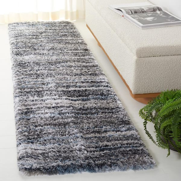 Cloud Shag 2 ft. x 8 ft. Gray/Blue Striped Distressed Runner Rug