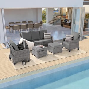 5-Piece Gray Wicker Patio Sofa Set Outdoor Conversation Set with 3-Seat Sofa Ottomans, Gray Cushions