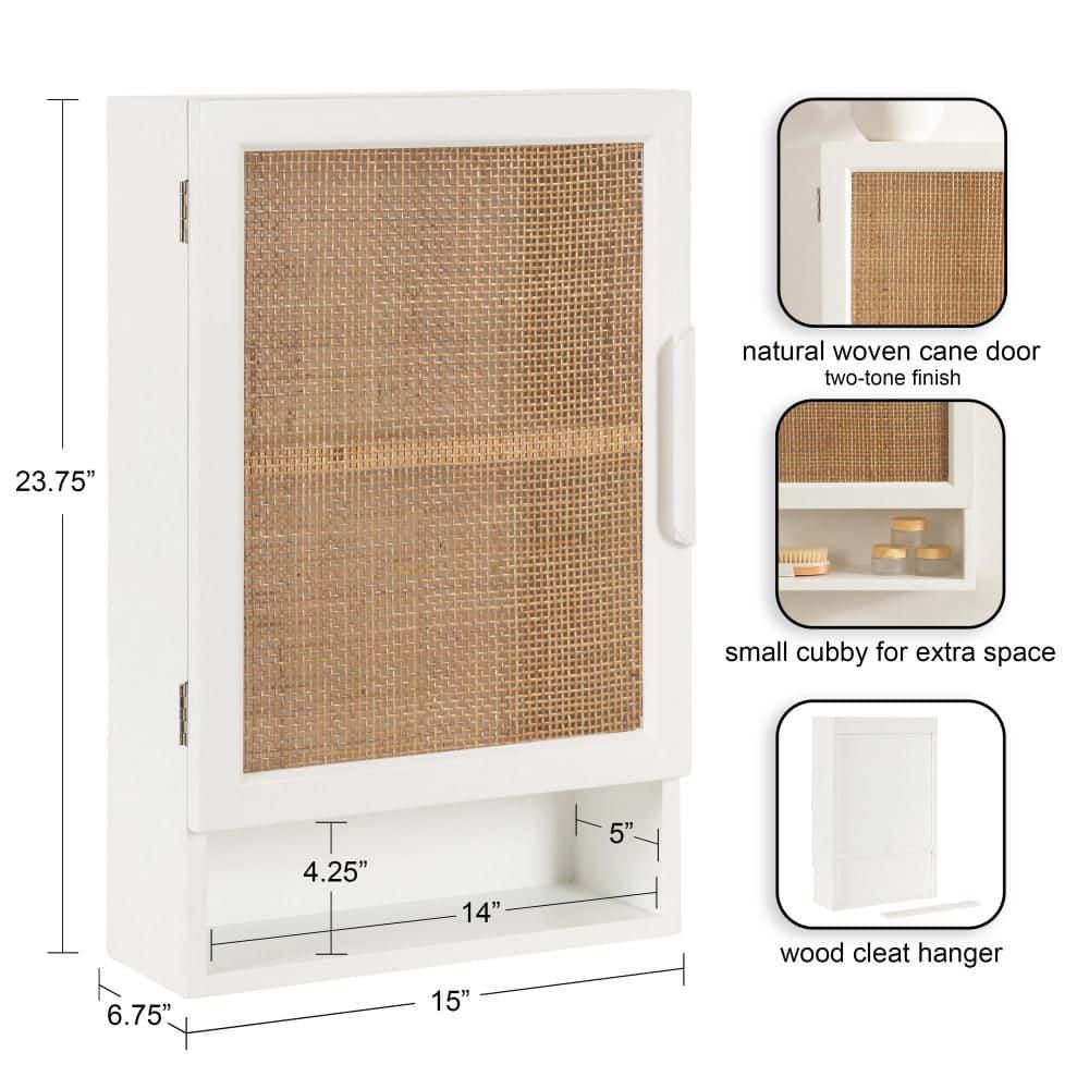 White and Natural Rattan Wall Cabinet with Storage Cubby