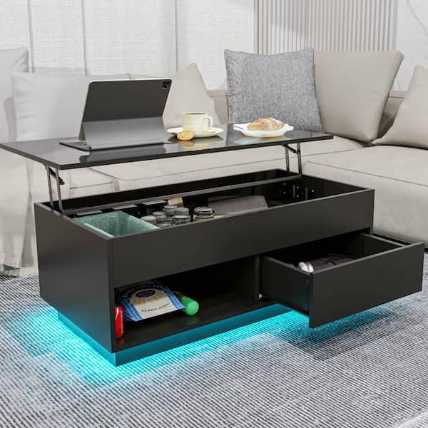 Hommpa 40.16 in. Black Rectangle Particle Board Lift Top Coffee Table with RGB LED Light, Hidden Compartment and Drawer