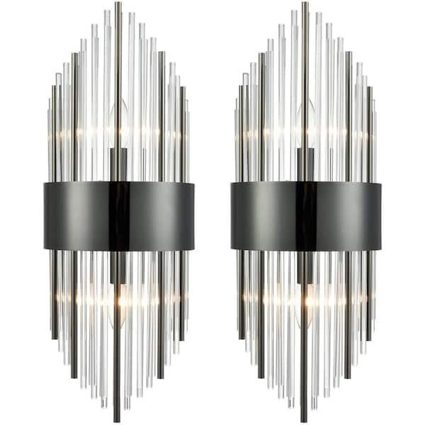 Modern 2 Light Integrated LED Fixture Black Finish Crystal Wall Sconce Set of 2 with Glass Crystal Shade