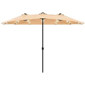 15 ft. Steel Double-Sided Solar LED Market Patio Umbrella in Beige with Crank