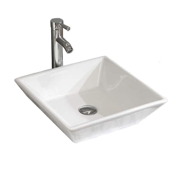 WELLFOR 16.5 in. White Ceramic Square Bathroom Vessel Sink with Stainless Steel Faucet and Pop-up Drain
