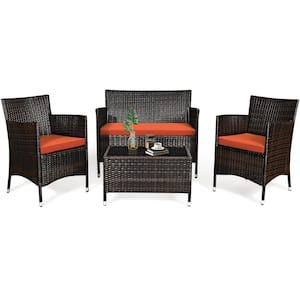 4PCS Patio Rattan Conversation Furniture Set Outdoor w/Orange Cushion