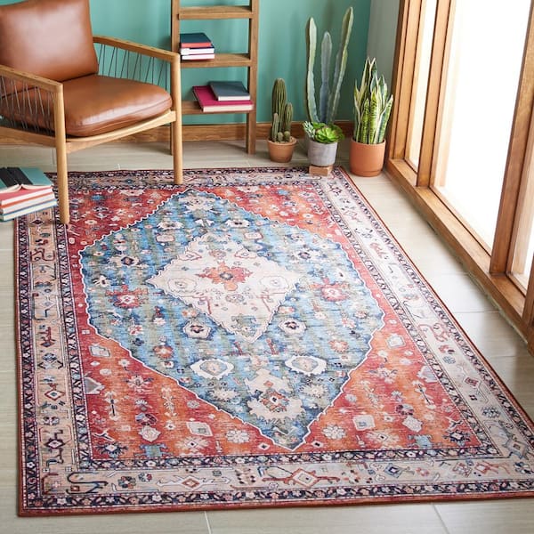 Tucson Beige/Blue 10 ft. x 14 ft. Machine Washable Floral Border Area Rug