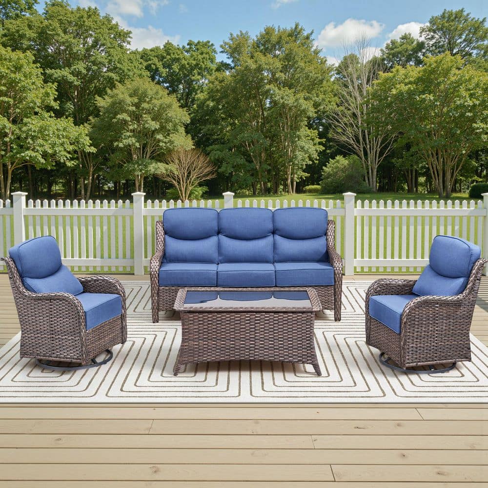 Holion Brown 4-Piece Wicker Patio Conversation Sofa Seating Set with Swivel Glider Chairs and 6 in. Blue Cushions price history on PriceWatchPro