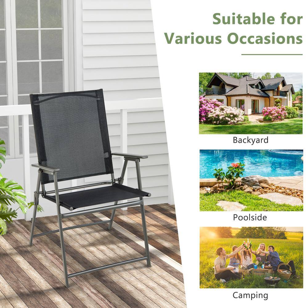 Black and Gray Metal Folding Outdoor Dining Chairs with Armrests, Set of 2