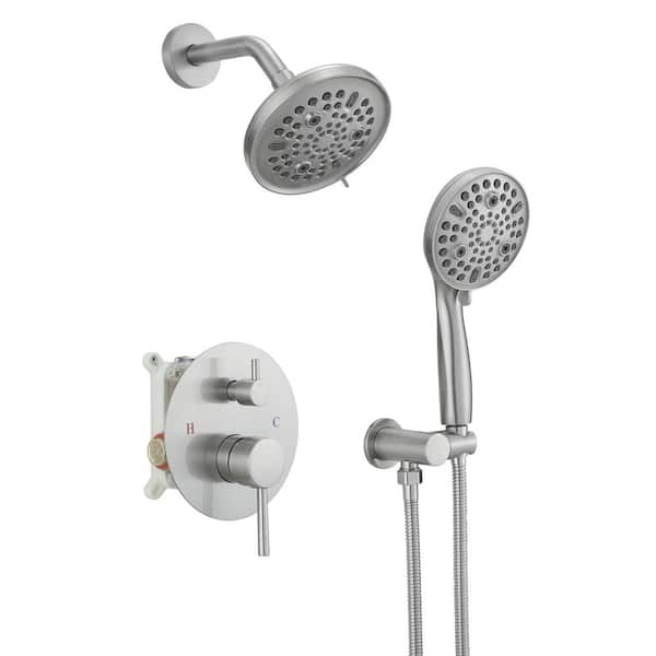 BWE 2-Spray Single Handle Round Rain Shower Faucet Set Wall Mount with Shower Head Hand Shower in Brushed Nickel