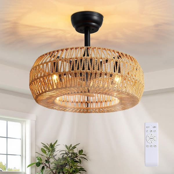 20 in. Indoor Small Boho Ceiling Fan with Light and Remote Hand Woven Rattan Caged Bedroom Fandelier Black Downrod Mount