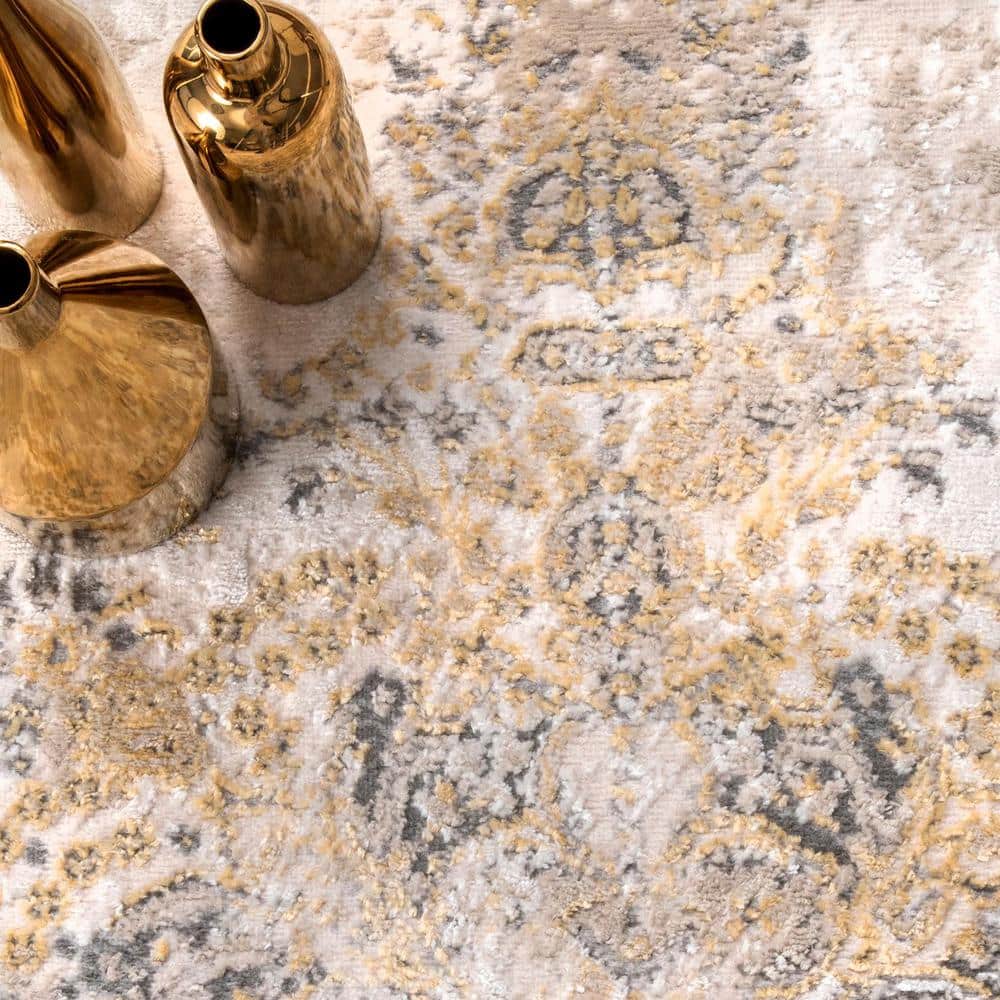 Gold and Beige Medallion 4' x 6' Synthetic Area Rug