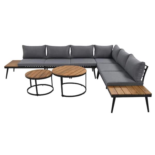 Sudzendf Brown 6-Piece Wood Outdoor Sectional Set with Round Nesting Coffee Tables and Gray Cushions