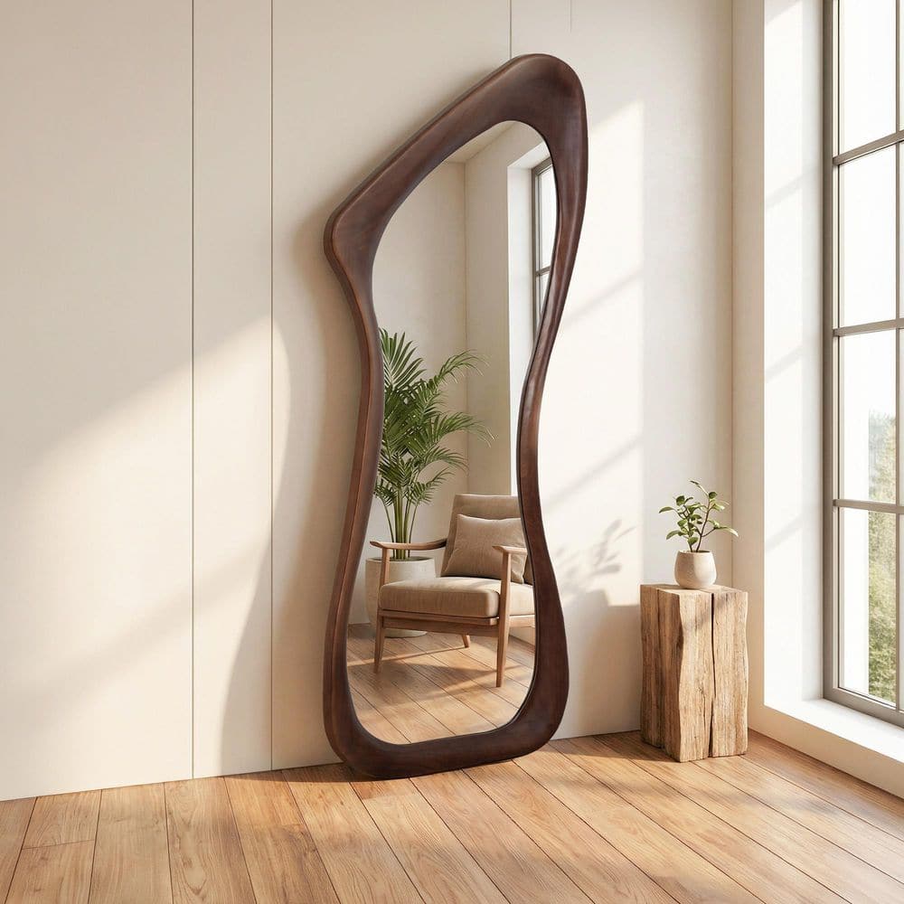 Brown 31.5 in. W x 71 in. H Kidney-shaped Solid Wood Framed Floor Mirror Standing Wall Mirror price history on PriceWatchPro