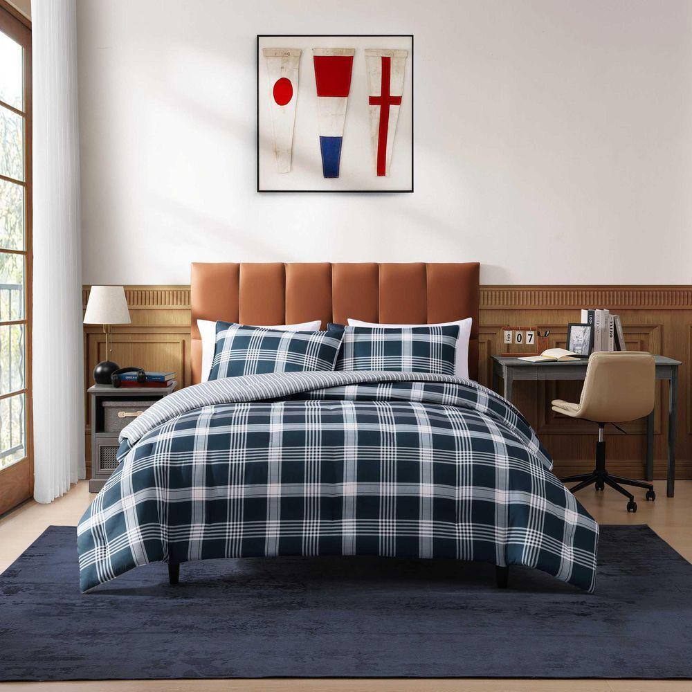 Tommy Hilfiger Huntingdon Plaid 3-Piece Navy Blue Microfiber Full 