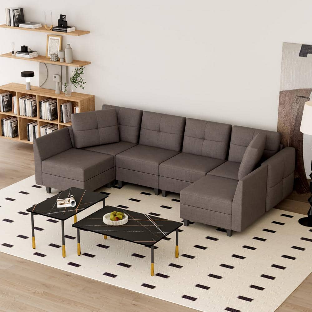 103.5 in.W U-Shaped Sofa Square Arm Fabric Modern Storable 6-Seat(Dark Brow