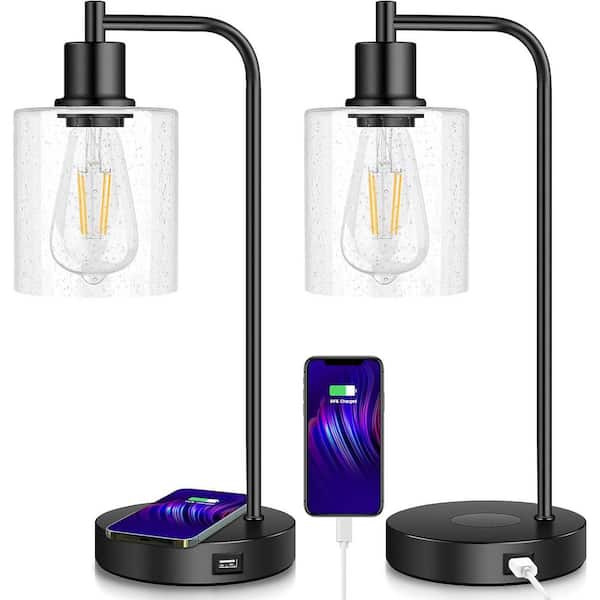 16 in. Set of 2 Wireless Charging Industrial Table Lamp, Black