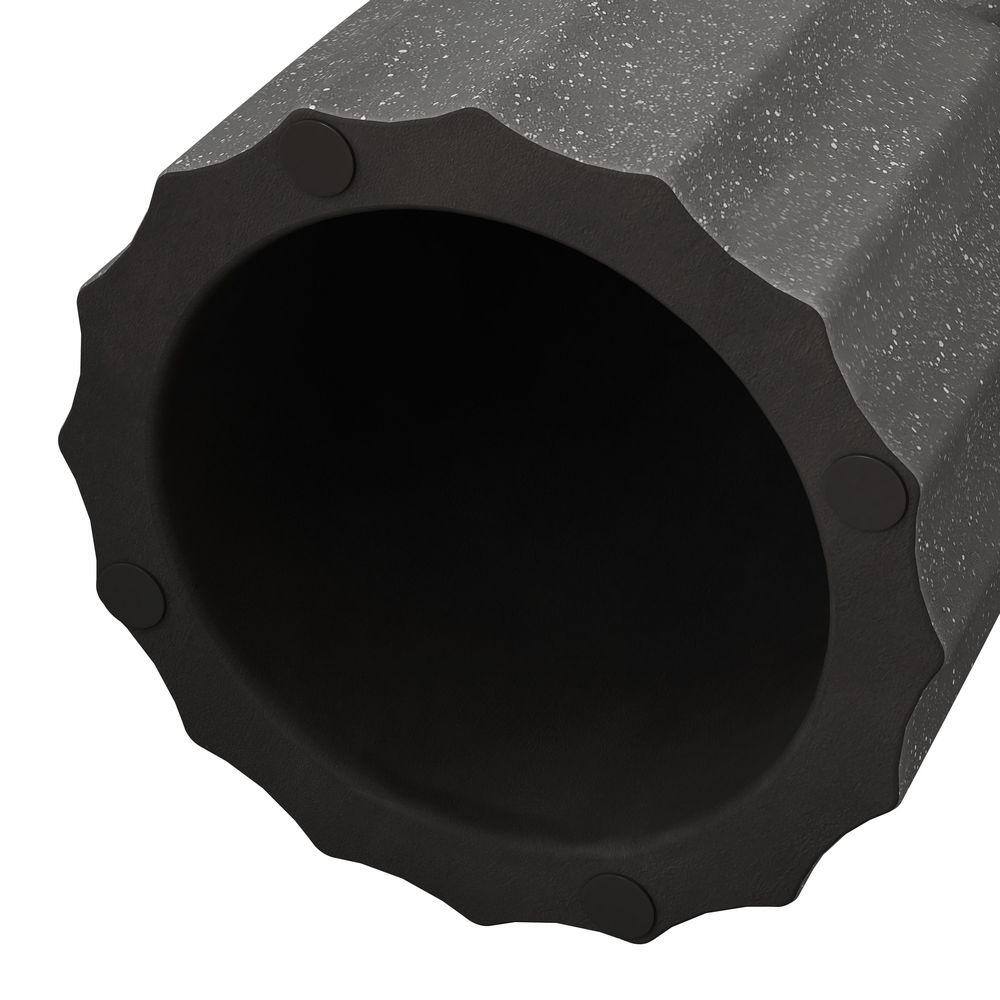 View of the bottom of a grey cement-design table showing protective pads.