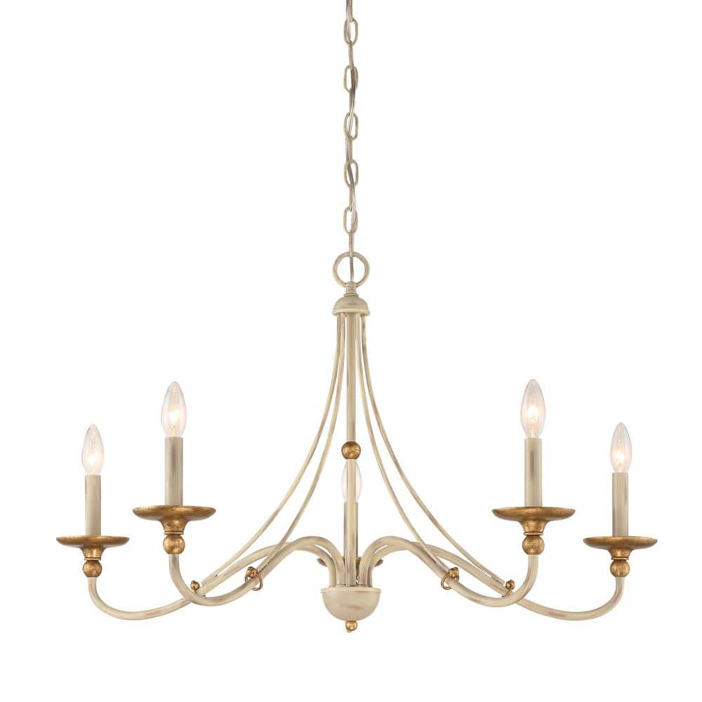 Farmhouse White and Gilded Gold Leaf 5-Light Chandelier