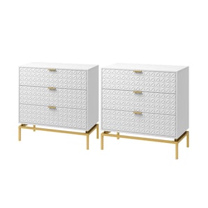 Vico Mid-century White 31 in. Tall Embossed Pattern 3 Drawer Storage Cabinet Set with a Metal Base Set of 2