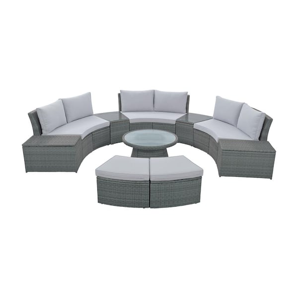 Clihome 10-Piece Wicker Outdoor Patio Conversation Set Sectional Half Round Patio Rattan Sofa Set with Light Gray Cushions