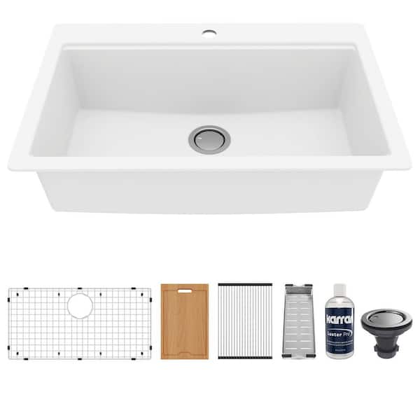 QTWS-875 Quartz/Granite 33 in. Single Bowl Drop-In Workstation Kitchen Sink in White