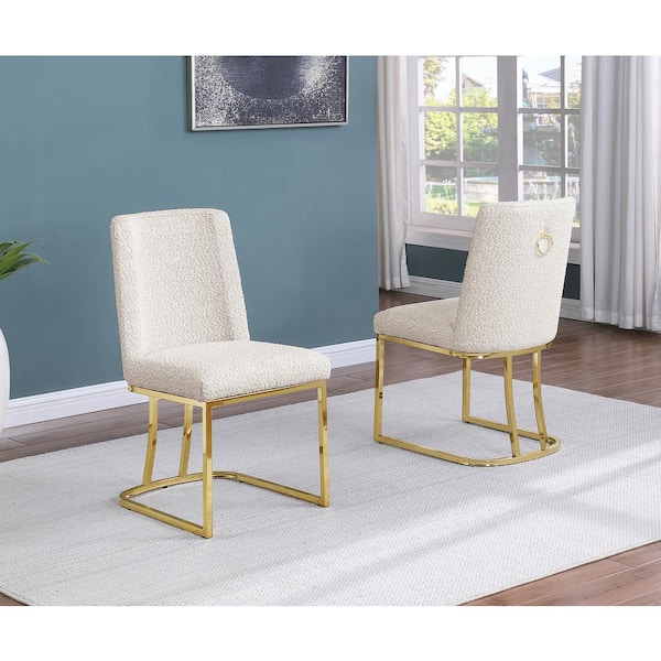 Best Quality Furniture Millie Cream Boucle Fabric Side Chair Set of 2 with Gold Chrome Plated Legs