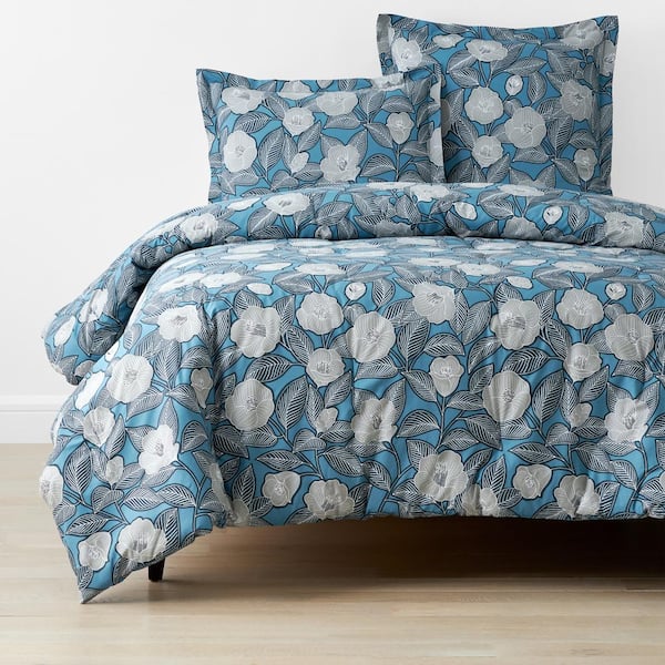 The Company Store Company Cotton Blue/Gray Primrose Floral Queen Cotton Percale Comforter
