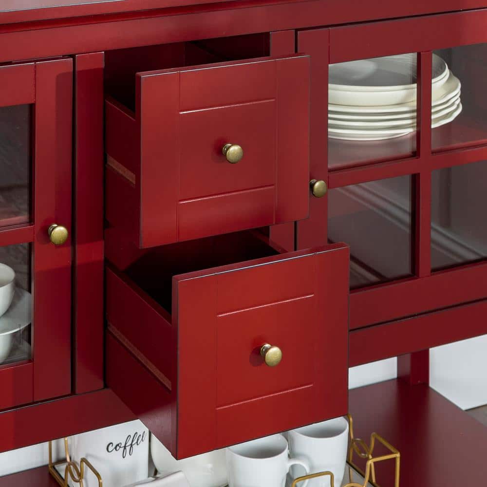 Antique Red Farmhouse Console with Glass Doors and Storage