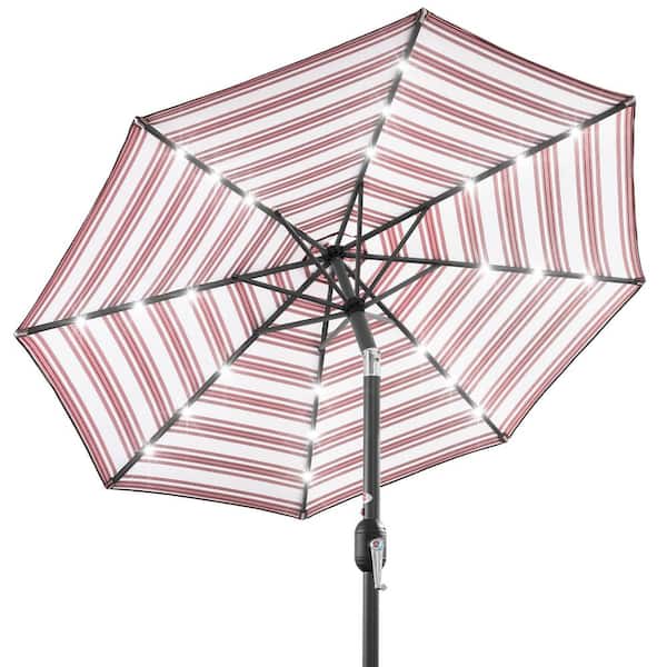Best Choice Products 10 ft. Market Solar LED Lighted Tilt Patio Umbrella with UV-Resistant Fabric in Burgundy Stripe