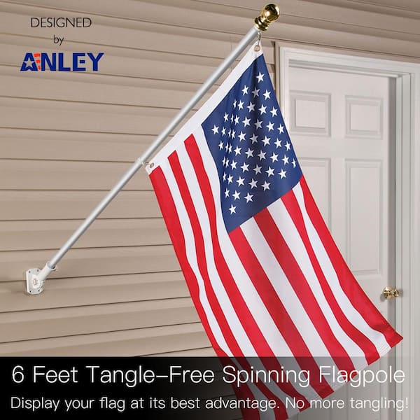 6ft Aluminum Flag Pole Heavy Duty Wall-mount Spinner Tangle Free W/ USA Flag 
