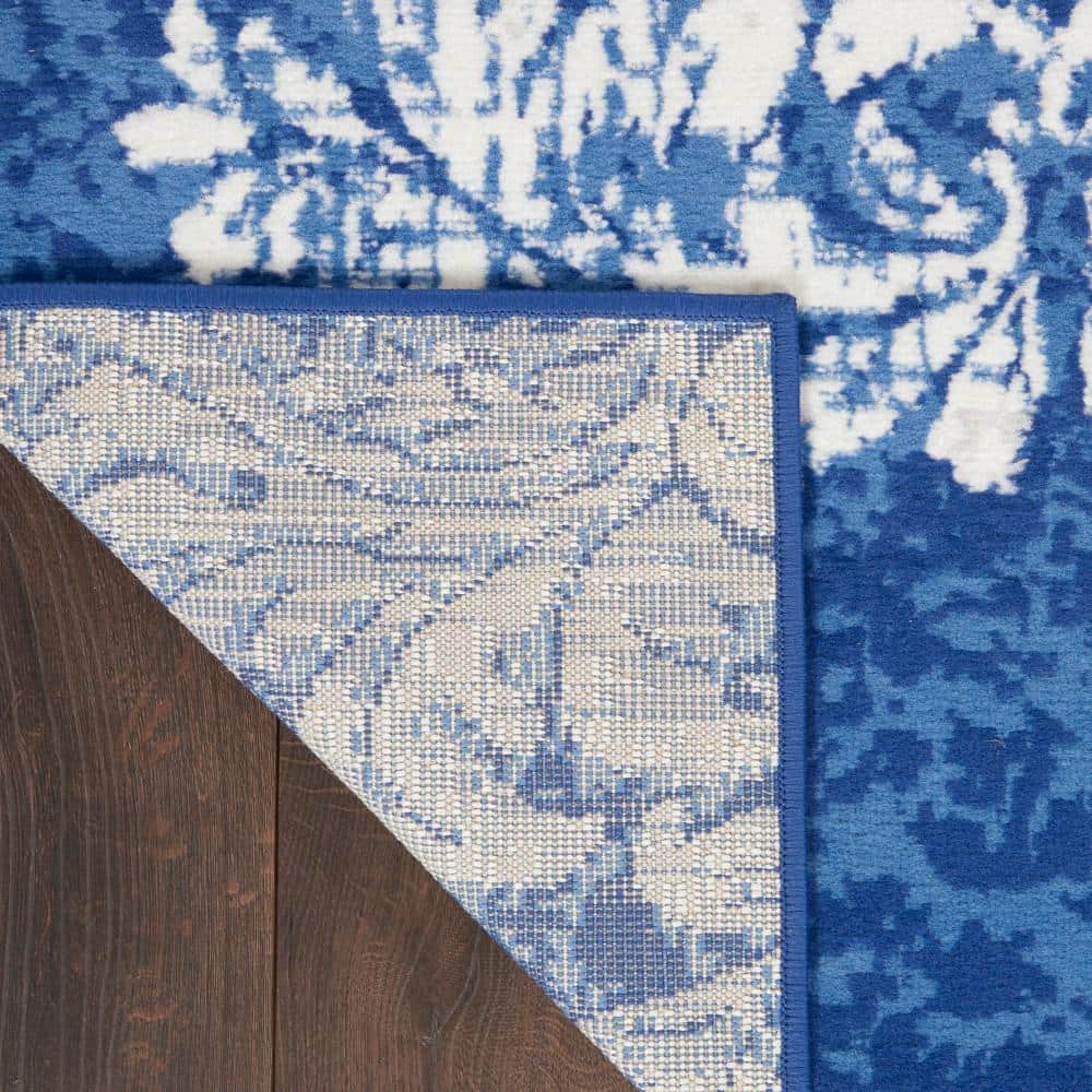 Ivory and Navy Floral Damask 8' x 10' Synthetic Area Rug