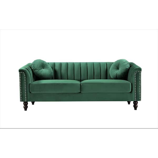 US Pride Furniture Hills 75.2 in. Rolled Arm Velvet Straight 3-Seater Sofa in Green
