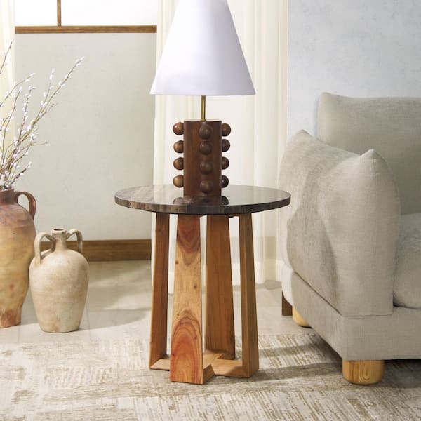 Trenton 20 in. Brown/Natural Round Marble End Table