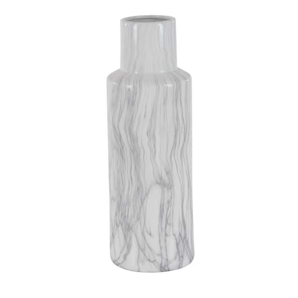 Photo 1 of 21 in. Classic Marble Cylinder White Ceramic Decorative Vase