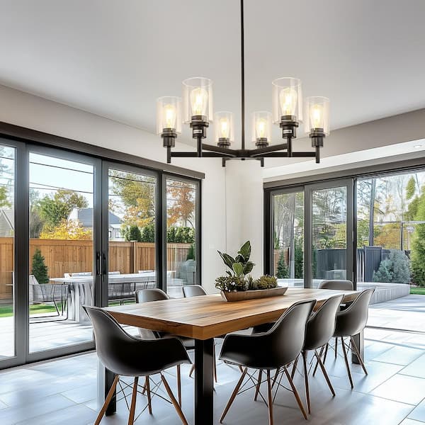 6-Light Black Chandelier perfect for Dining Room with Adjustable Height featuring Industrial Clear Glass Pendants