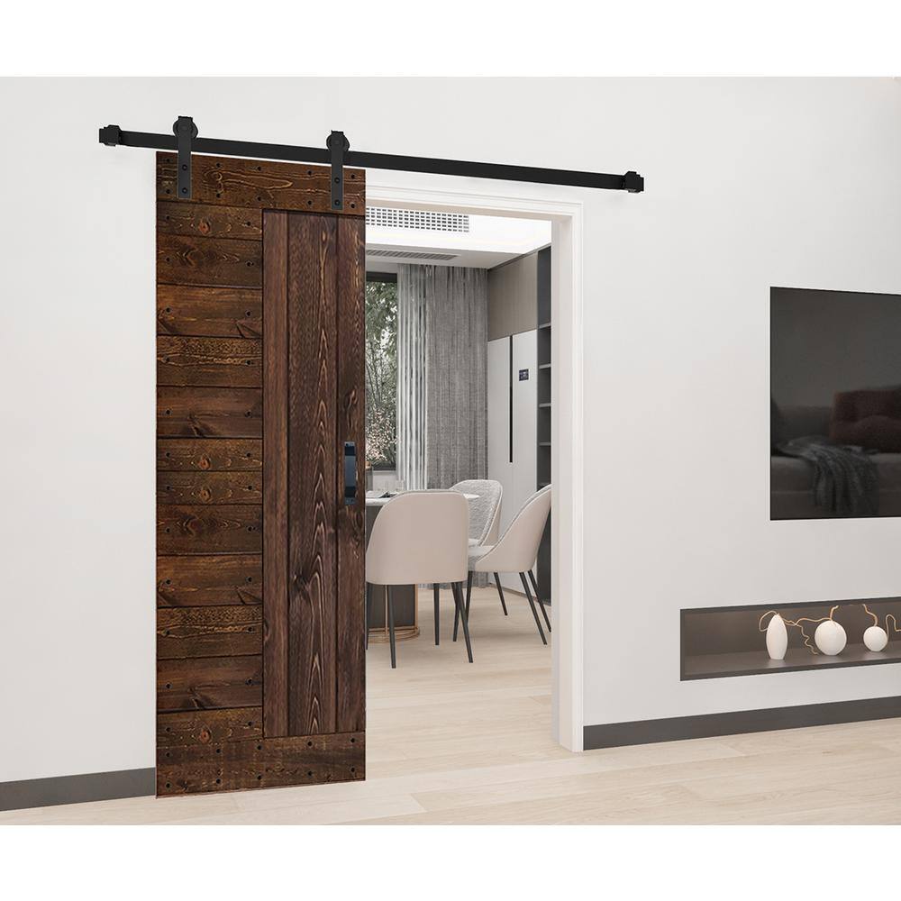 Kona Coffee Solid Wood Sliding Barn Door Kit with Black Hardware