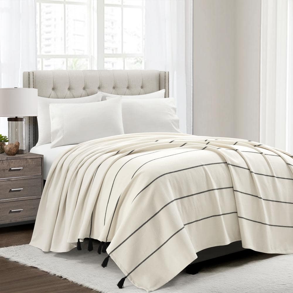 Lush Decor Farmhouse Boho Stripe Woven Tassel Yarn Dyed Cotton Blanket Coverlet Single King Black Ivory