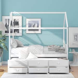 White Twin Size Wood House Bed with Trundle and 3-Storage Drawers, Wooden Kids Bed Daybed Sofa Bed Frame