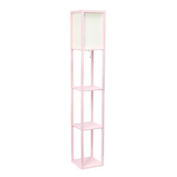 Simple Designs 62.5 in. Light Pink Floor Lamp Etagere Organizer Storage Shelf with Linen Shade