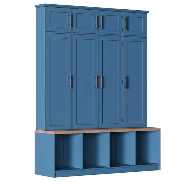 Blue 8-door Hall Tree with Walnut Seating Bench, Shoe Cabinet and 4 Hidden Hanging Hooks